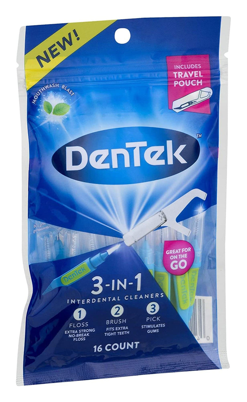 DenTek 3 - In - 1 Interdental Cleaners | Floss, Brush, Pick, Travel Pouch | 16 Count - MeStore - Dentek