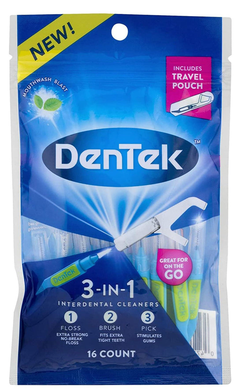 DenTek 3 - In - 1 Interdental Cleaners | Floss, Brush, Pick, Travel Pouch | 16 Count - MeStore - Dentek