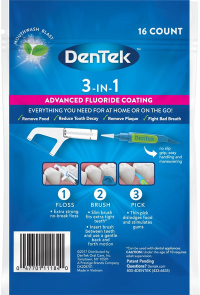 DenTek 3 - In - 1 Interdental Cleaners | Floss, Brush, Pick, Travel Pouch | 16 Count - MeStore - Dentek