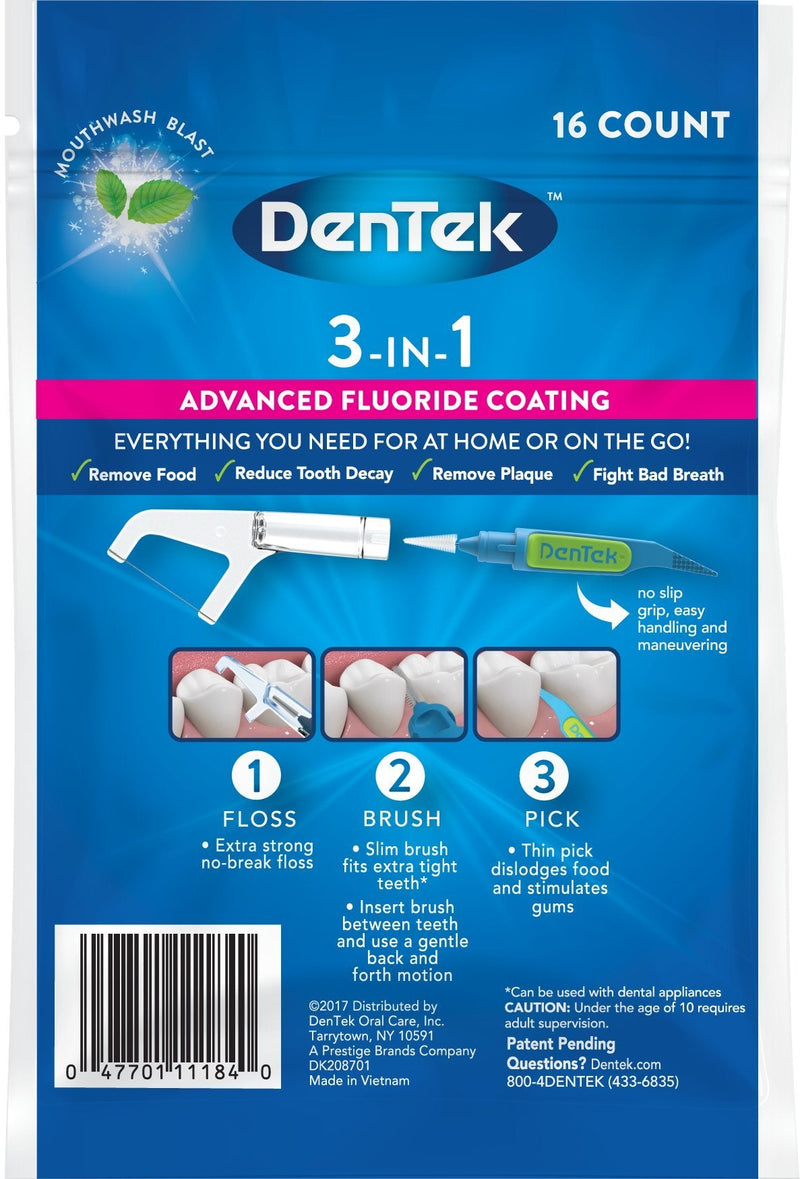 DenTek 3 - In - 1 Interdental Cleaners | Floss, Brush, Pick, Travel Pouch | 16 Count - MeStore - Dentek