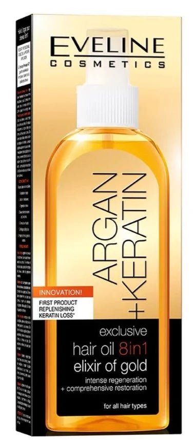 Eveline Argan + Keratin Exclusive Hair Oil 8 in1 Elixir Of Gold 150 Ml - MeStore - Eveline