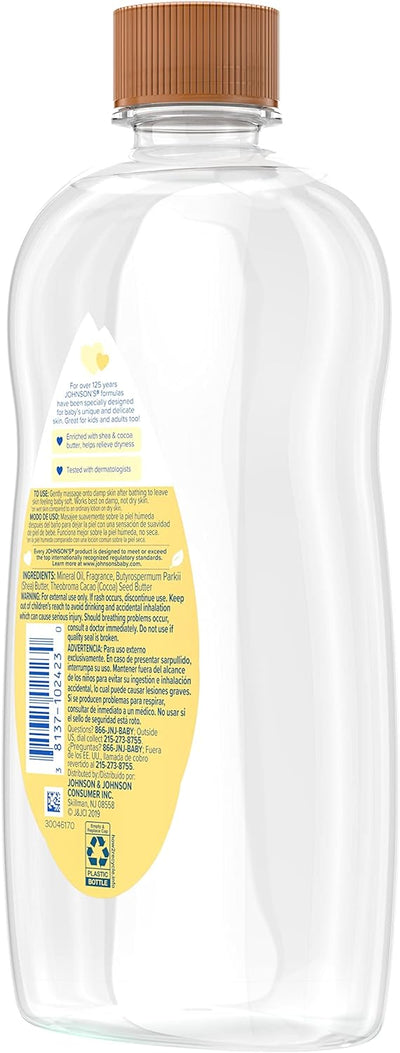 Johnson's Baby Oil, Mineral Oil Enriched with Shea & Cocoa Butter to Prevent Moisture Loss, Hypoallergenic, 20 fl. oz - MeStore - Johnson's