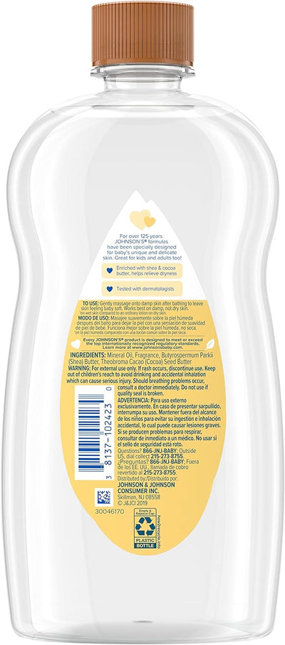 Johnson's Baby Oil, Mineral Oil Enriched with Shea & Cocoa Butter to Prevent Moisture Loss, Hypoallergenic, 20 fl. oz - MeStore - Johnson's